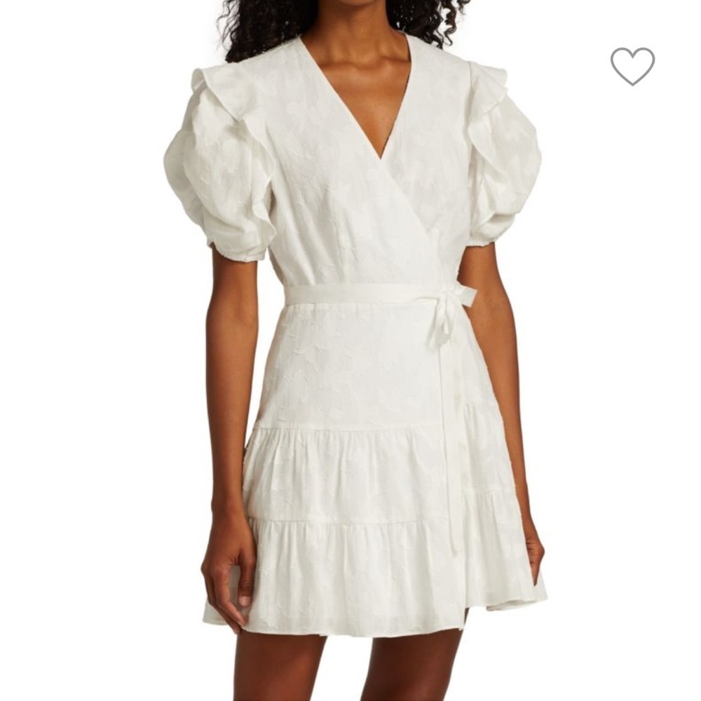 TANYA TAYLOR white floral Kimora Wrap Mini Dress. Ruffles Size 8. Retail $465.